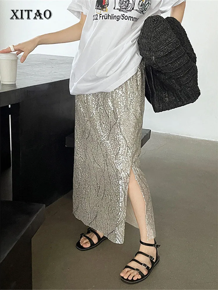 

XITAO Split Skirt Fashion Women Sequined Elastic Waist Goddess Fan Casual Style 2022 Summer Minority Loose Skirt WLD8191