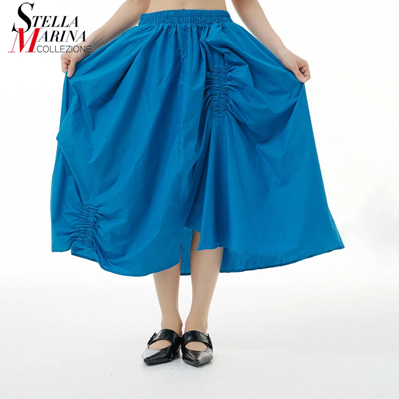 

New 2022 Korean Style Ruched Design Elastic Waistband Solid Blue Woman Summer Casual Skirt Free Size Loose Fit Tide Skirts apr32