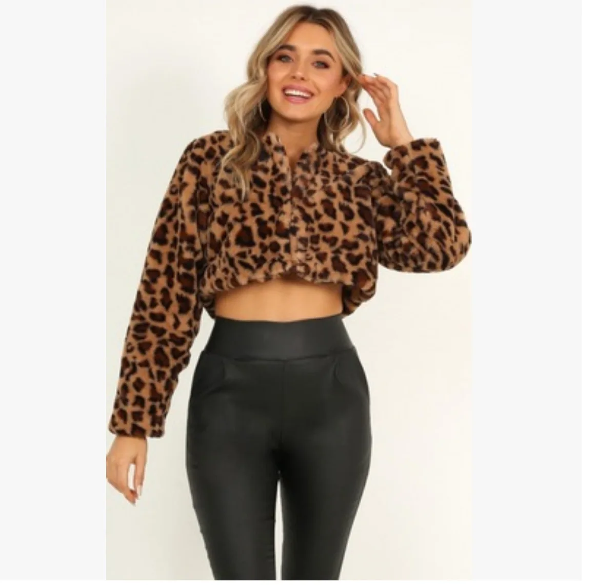 Women 'S Fur Jacket Leopard Print Long Sleeve Short Cardigan Top Plush Coat For Women Faux Fur Coat