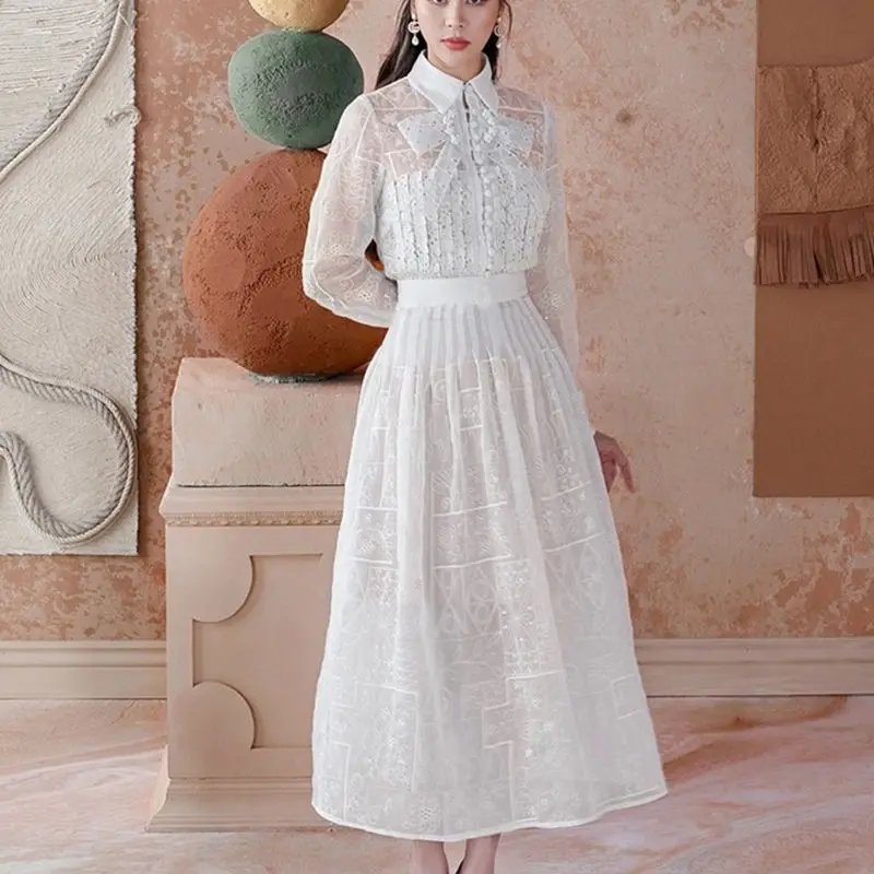 

Fall New Lace Suit Embroidery Design Elegant Long Sleeve Shirt Two Piece Dress