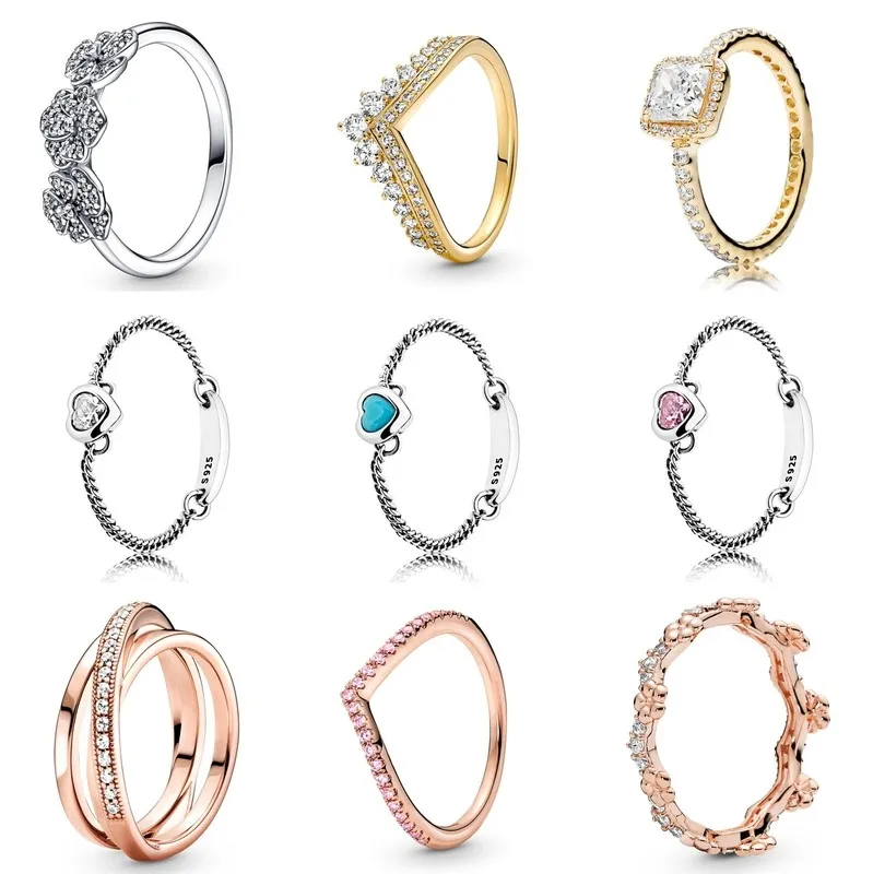 

Authentic 925 Sterling Silver Sparkling Rose Crossover Triple With Crystal Ring For Women Wedding Party Gift Fashion Jewelry