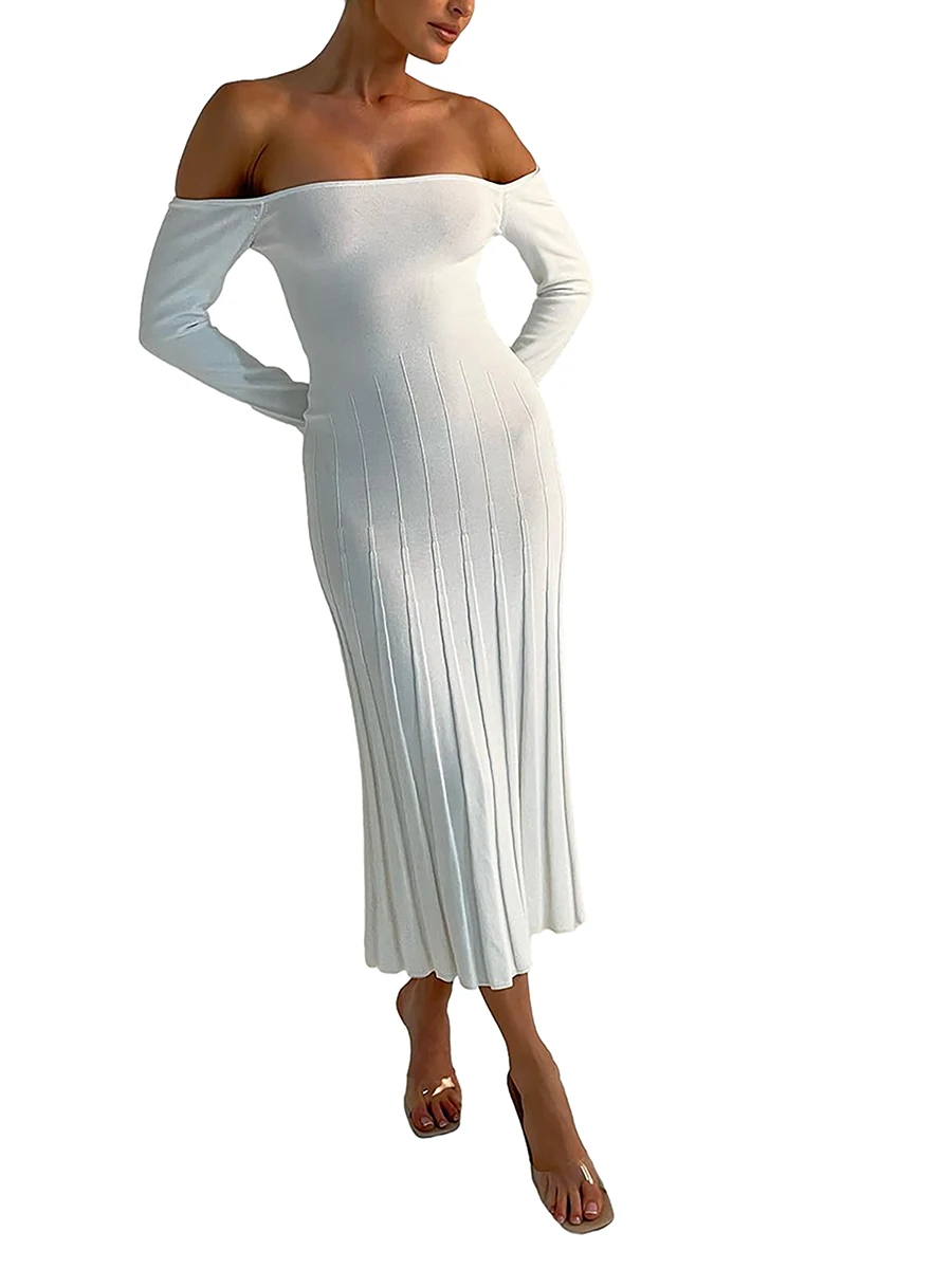 

Женское трикотажное платье-миди с открытыми плечами и длинным рукавом