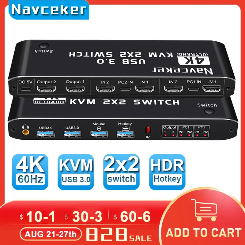 Квм-переключатель Navceker, совместимый с HDMI, 4K, 60 Гц, 2 порта, двойной монитор, USB 3,0, квм-переключатель 1080P, USB квм-переключатель, HDMI с USB, порт 3,0