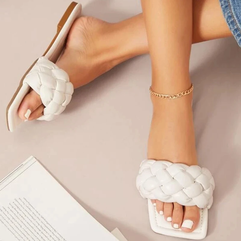 Women Flat Slide Braided Vamp Square Toe Slipper Sandals Personality Slippers 2023 Outdoor Summer Sexy Slides Ladies Shoes