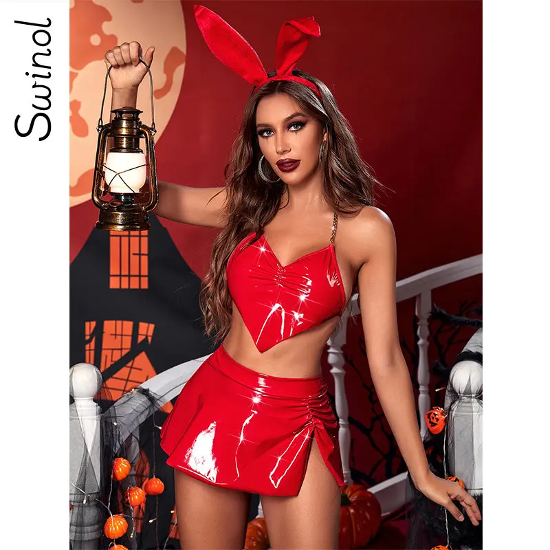 

Swinol Halloween Woman 4 Piece Lingerie Bunny Latex Cosplay Sexy Costumes Thongs Halter Leather Sissy Underwear Nightclub Outfit