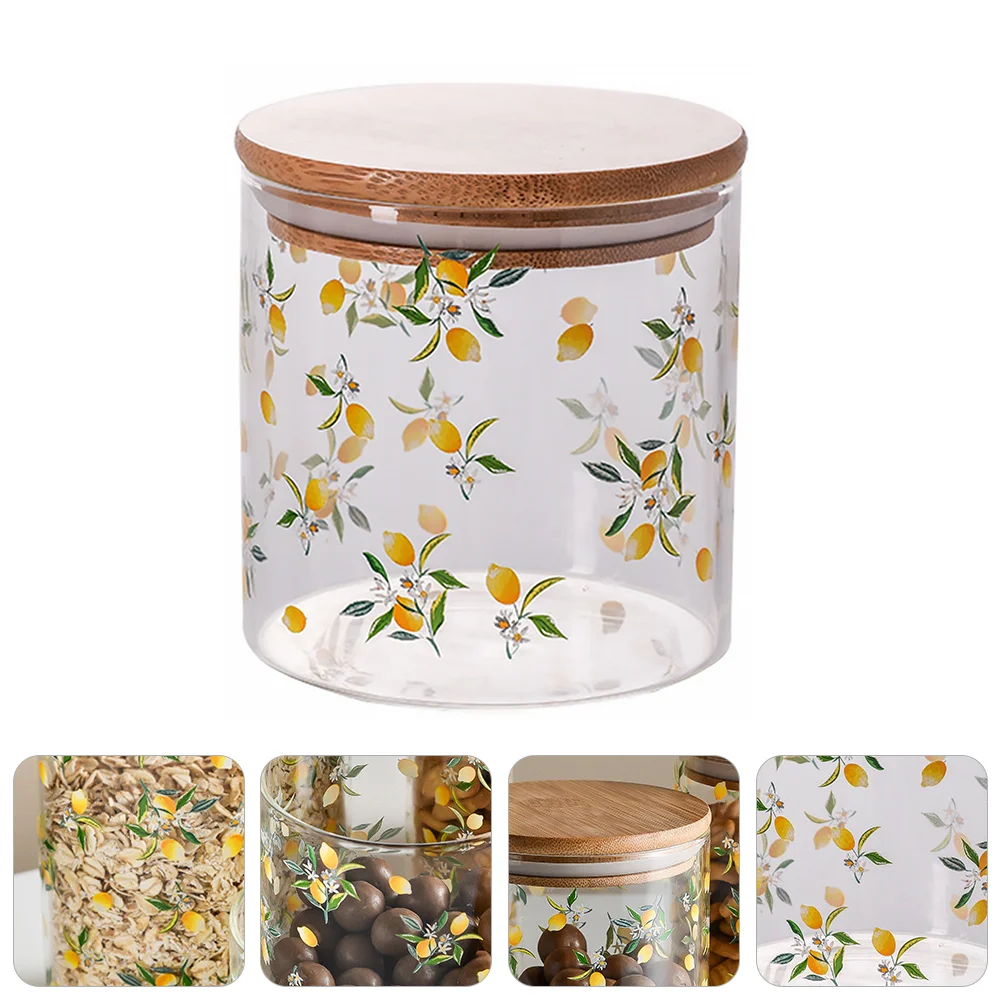 

Storage Tank Glass Container Lid Lemon Pattern Pot Sealing Jar Can Wood Canister Sealed