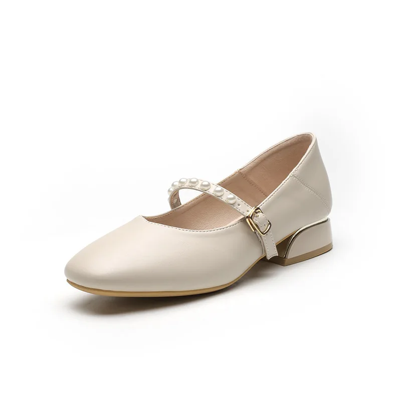 

Office Career Women Pumps PU 3CM Square Heel Square Toe Buckle Strap Shallow retro High Quality Shoes For Women apricot