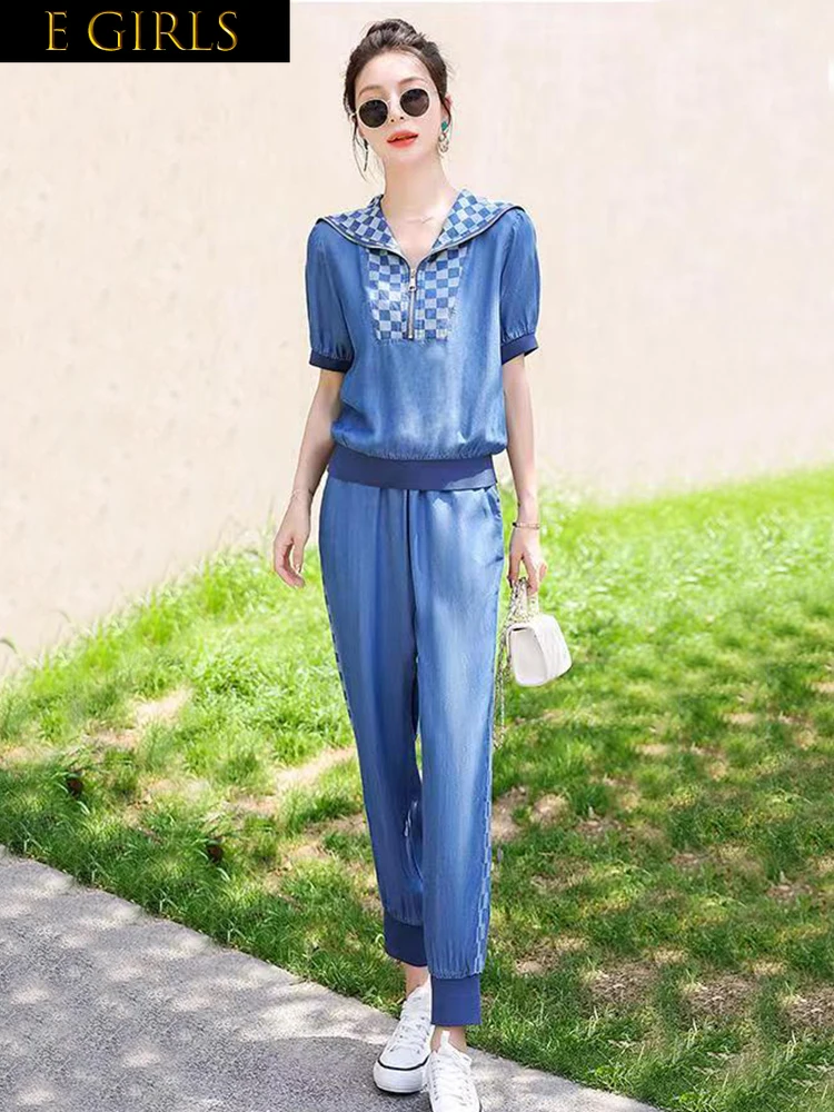 

F GIRLS Summer Outfits For Women Conjuntos De Pantalones 2023 Elegant Checkered Short Sleeved Top Casual Pants Two Piece Set Fem