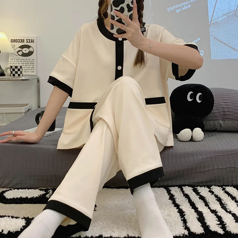 Yasuk Spring Autumn Summer Women's Casual Soft Cotton Sleepwear Pajamas Set With Long Short Pants Splicing Simple Sweet Girl 3Pc