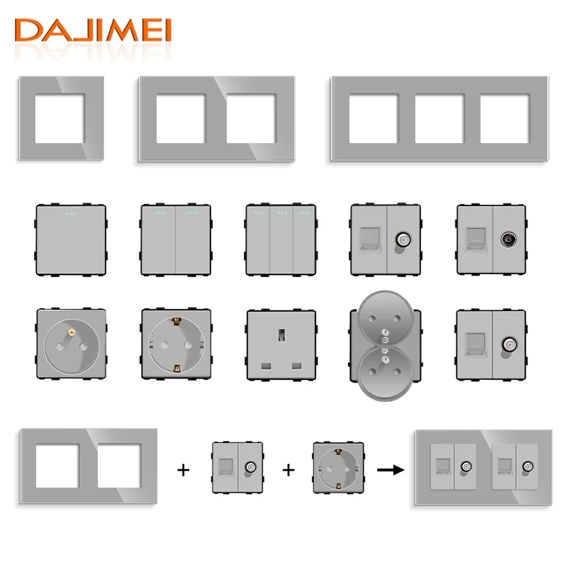 

Кнопочный выключатель DAJIMEI европейского стандарта, 1/2/3 клавиши, USB TV, функциональная деталь, серая настенная стеклянная рамка, розетки питан...