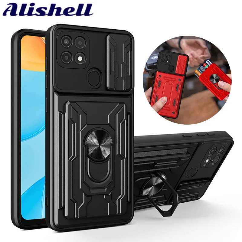 

Detachable Card Holder Phone Case For OPPO A16 A32 A36 A52 A53 A54 A72 A73 A74 A76 A93 Antifall Slide Camera Lens Bracket Case