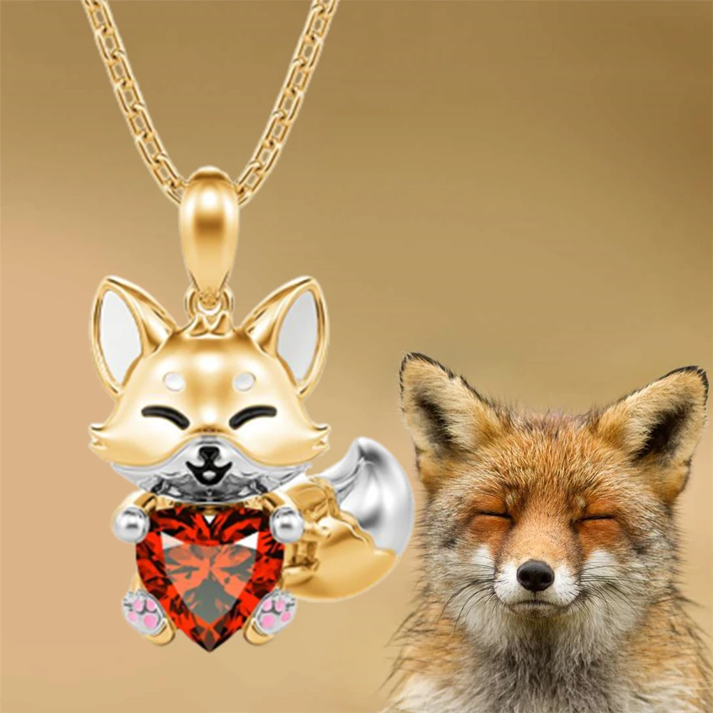 Unique Heart Red Crystal Fox Pendant Necklace for Women Exquisite Cartoon Animal Jewelry Accessories Wedding Birthday Love Gifts