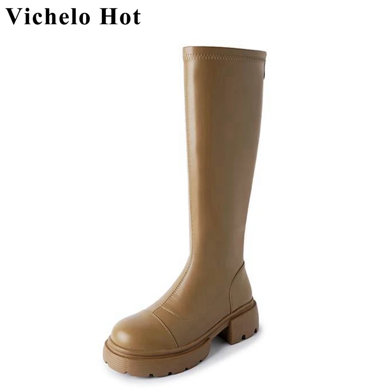 

Vichelo Hot Cow Leather Round Toe Med Heels Riding Long Boots Thick Bottom Leisure Concise Style Zipper Party Thigh High Boots