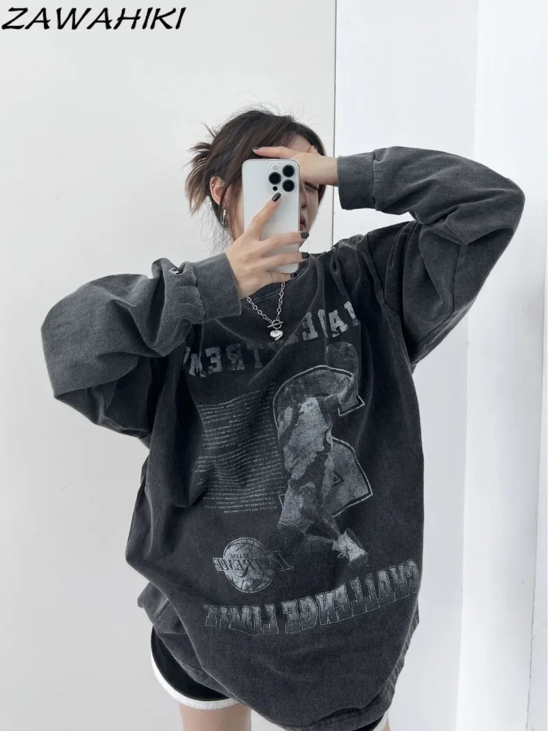 

Весенне-осенние винтажные модные шикарные топы zawhiki большого размера в американском стиле, свободная футболка с длинным рукавом и принтом гранж-букв