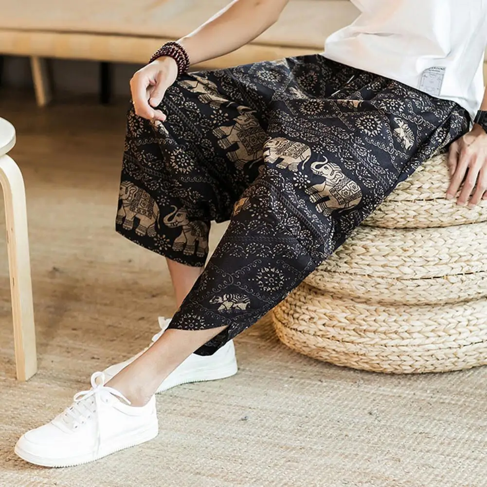 

Casual Trousers Elastic Waistband Comfy Summer Men Chinese Style Pattern Cropped Pants Calf-Length Harem Pants Streetwear