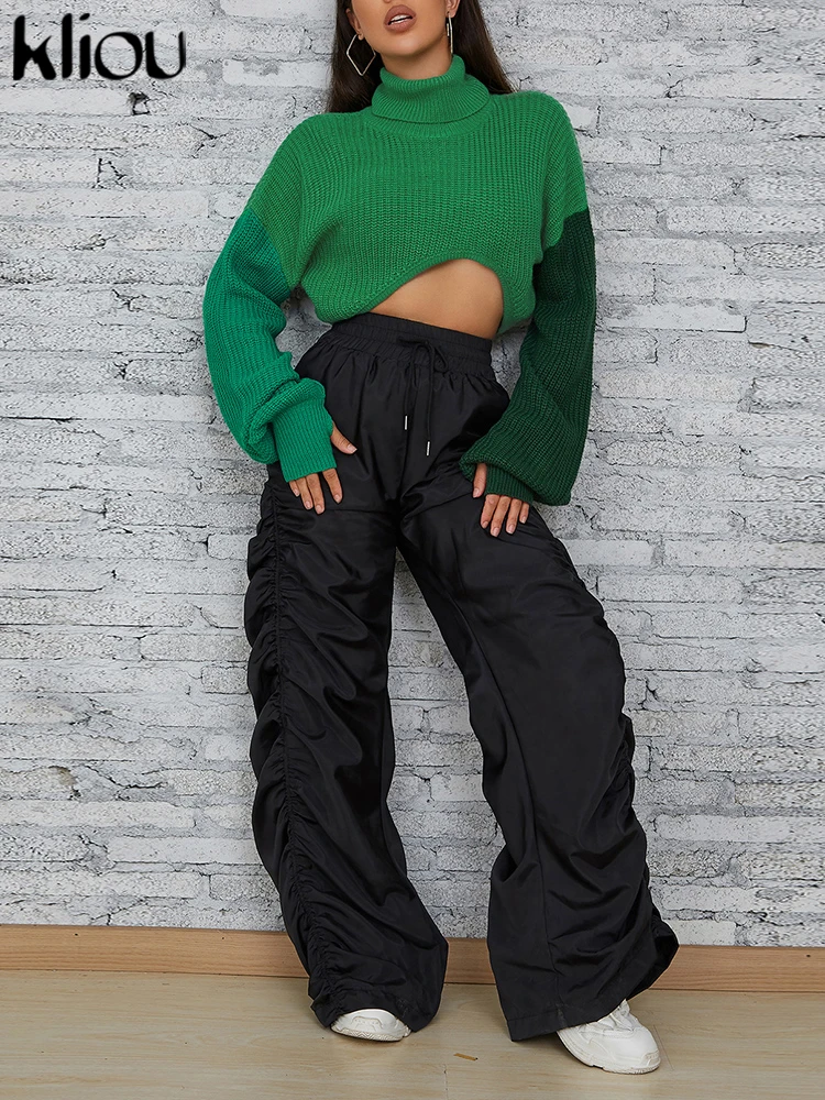 ond dzianinowy patchworkowy sweter damski Hipster z golfem luźny nieregularny kształt dopasowany kolorystycznie krótkie bluzki Lady Casual odzież