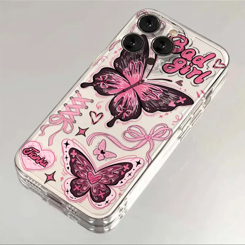Прозрачный чехол для телефона с рисунком розовой бабочки iPhone 15 14 12 11 13 16 Pro Max Mini X XR