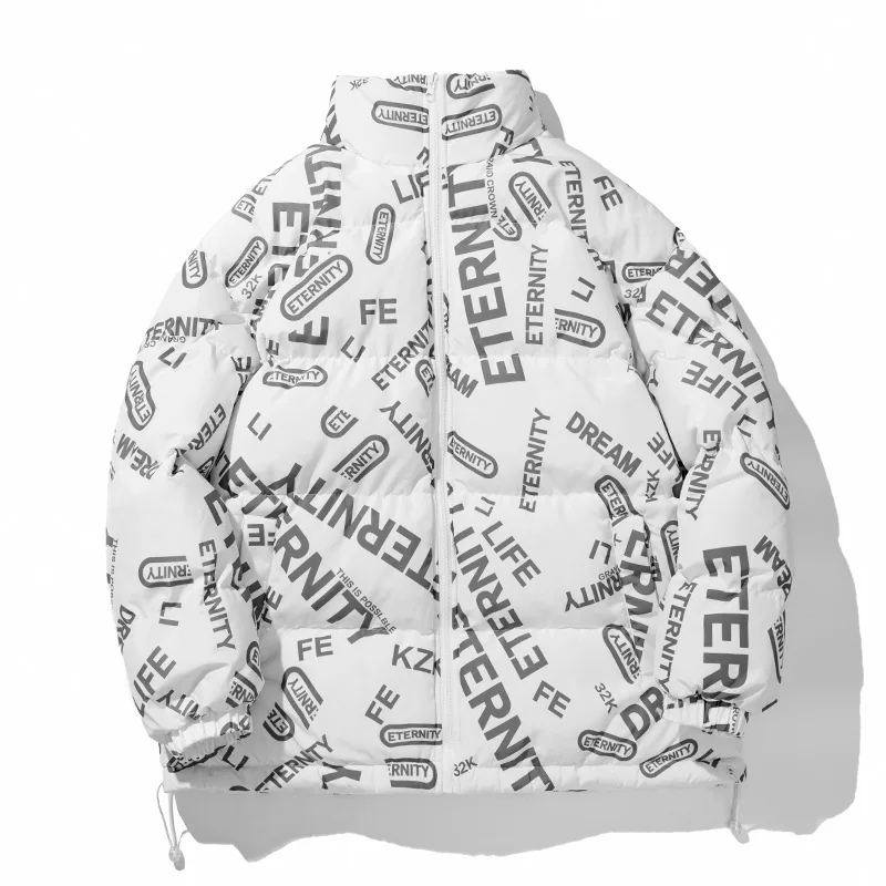 Winter Coat Double-sided Wear Cotton Jackets Mens Fashion Stand-up Collar Letter Full Print Loose Thickened Warm Jacket