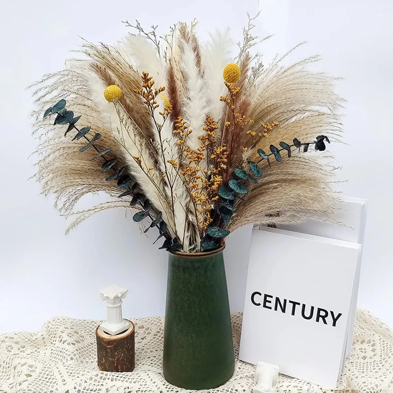 

Natural Boho Dried Flowers Eucalyptus Bunny Tail Pampas Grass Fully Preserved Bouquet DIY Wedding Mother's Party Gift Room