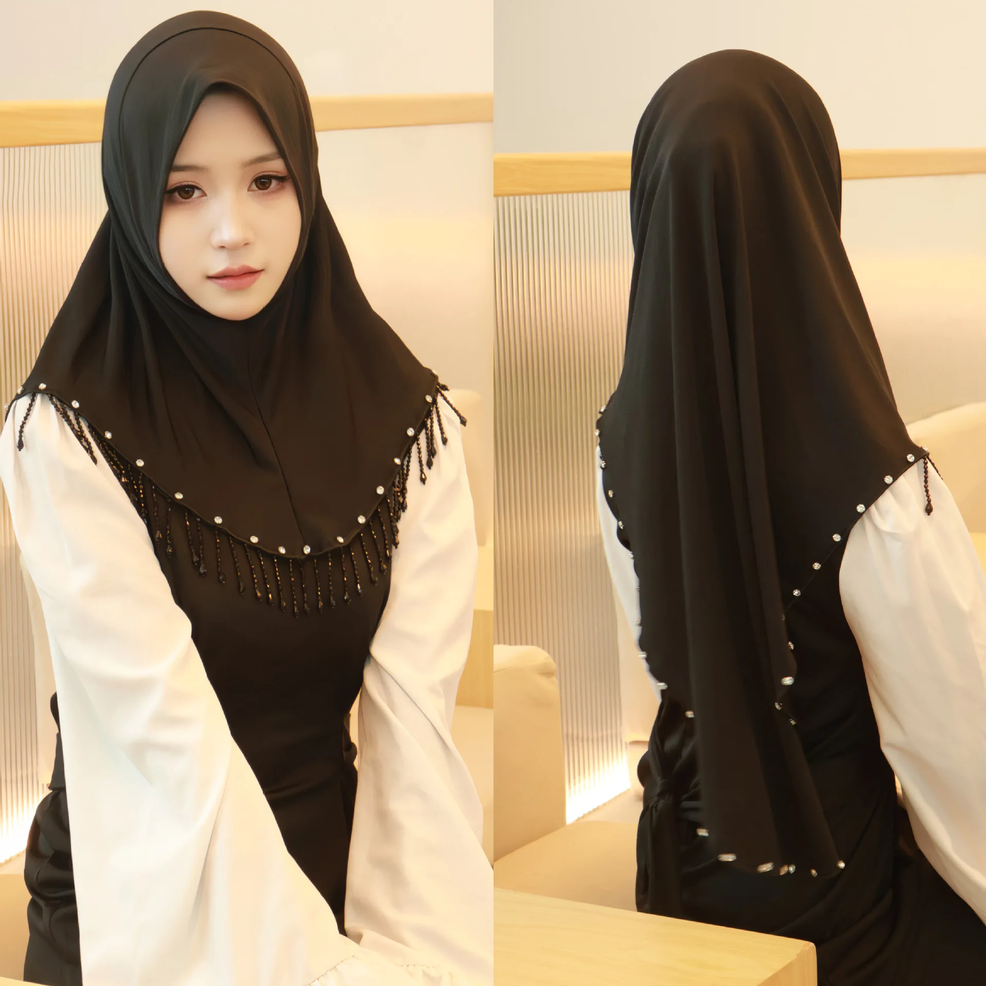 Мусульманский хиджаб с кисточками однотонный из бисера арабский женский