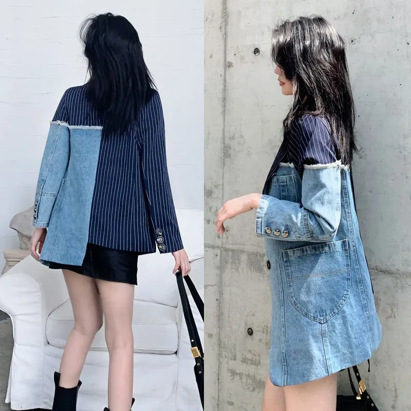 2021 New Autumn Women Personality Suit Irregular Stitching Denim Jacket Spring Fashion Female Slim Small Suit Blazer OL Blazers