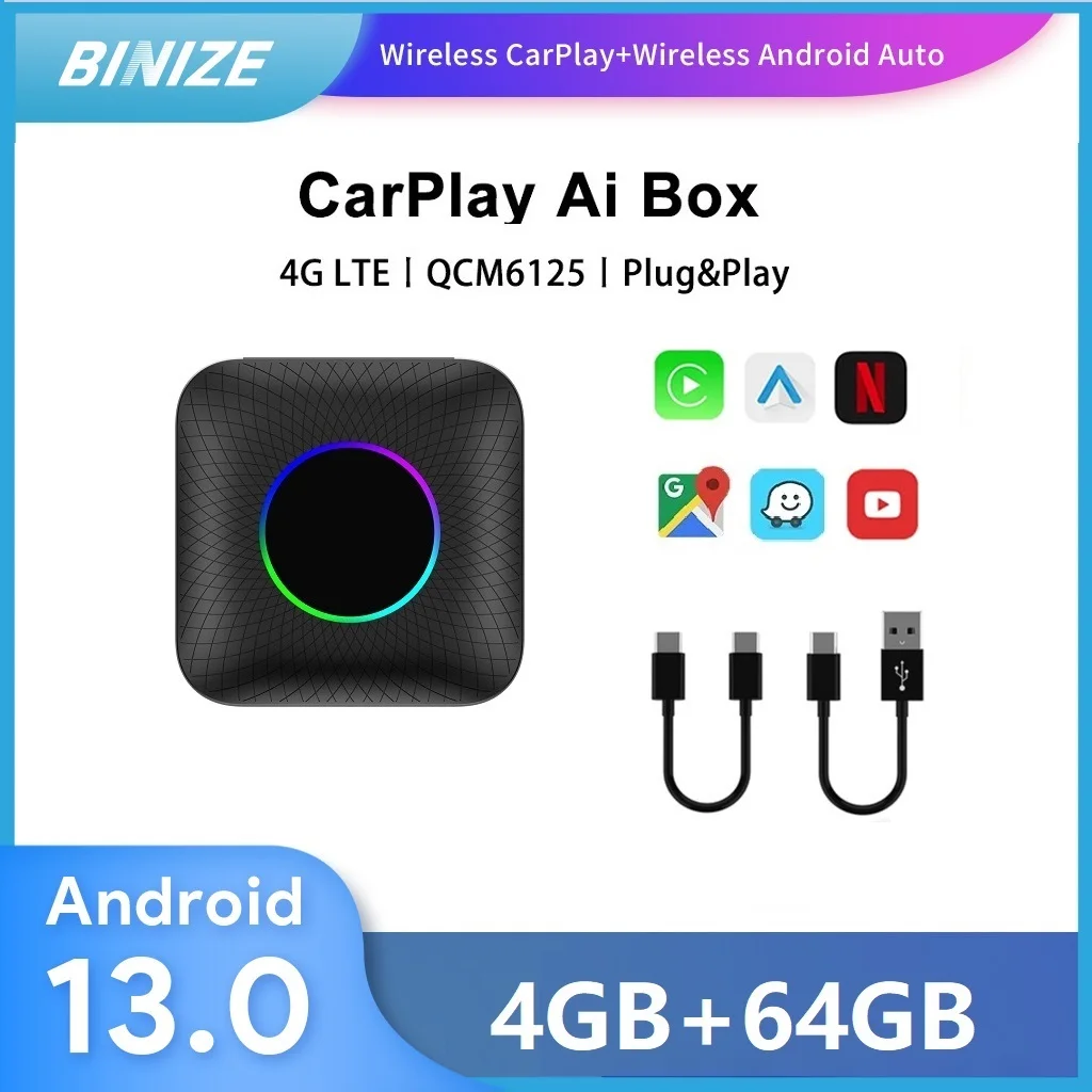 

Binize CarPlay Ai Box Android 13.0 беспроводной CarPlay Android Auto QCM6125 8-ядерный Youtube Netflix для автомобиля с OEM CarPlay