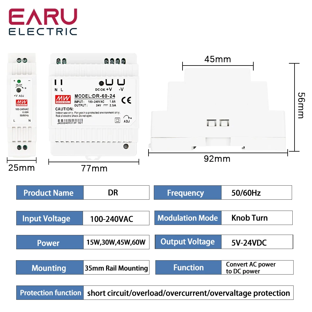 15W 30W 45W 60W Single Output 5V 12V 15V 24V Industrial Din Rail Power Supply Switch DR-15 DR-30 DR-45 DR-60