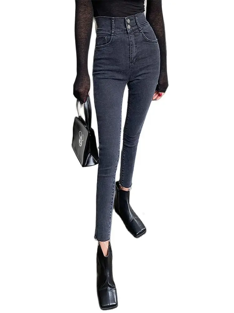 

Fashion Korean version of black and gray tight-fitting jeans women high waist skinny trousers XS SIze Jean Woman clothes