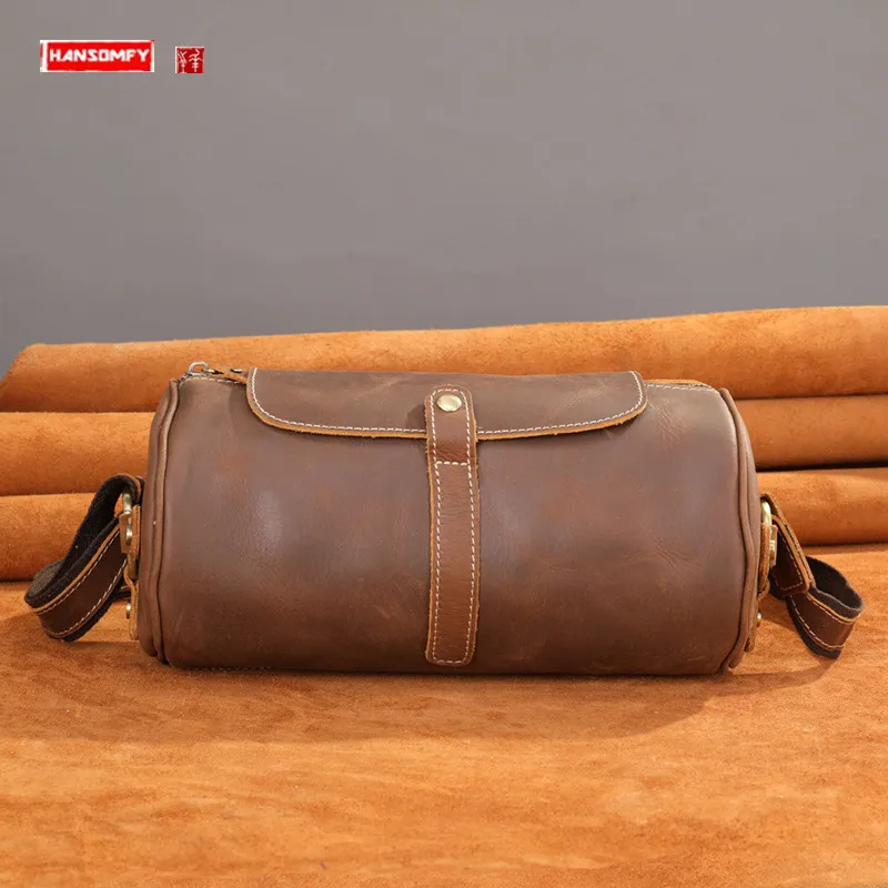 Genuine Leather Men's crossbody Bag Men Cylinder Messenger Bag Large Capacity Leather Shoulder Bag Short-Distance Travel Bags