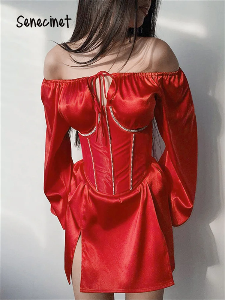

Senecinet Women Design Diamond Corset Dress Sexy Slash Neck Off Shoulder Long Sleeve Party Dresses Red Autumn Split Mini Dress