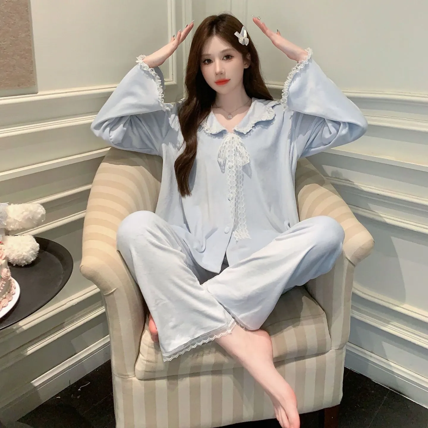 Утолщенные теплые женские островные бархатные пижамы осень-зима удобная