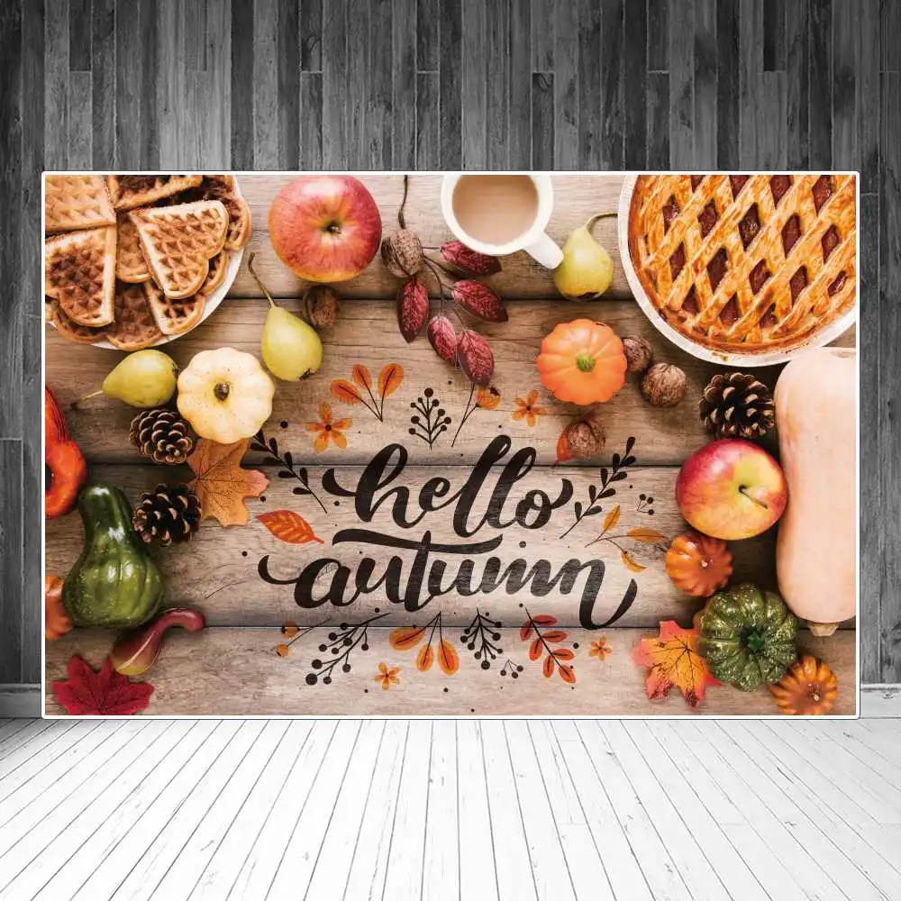 

Hello Autumn Photography Backdrops Decors Harvest Fruits Pumpkins Foliage Wooden Boards Personalized Kid Photobooth Backgrounds