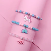 3pcsset stretch macaron coloured beaded bracelet with a rainbow crown unicorn charm for teens girls