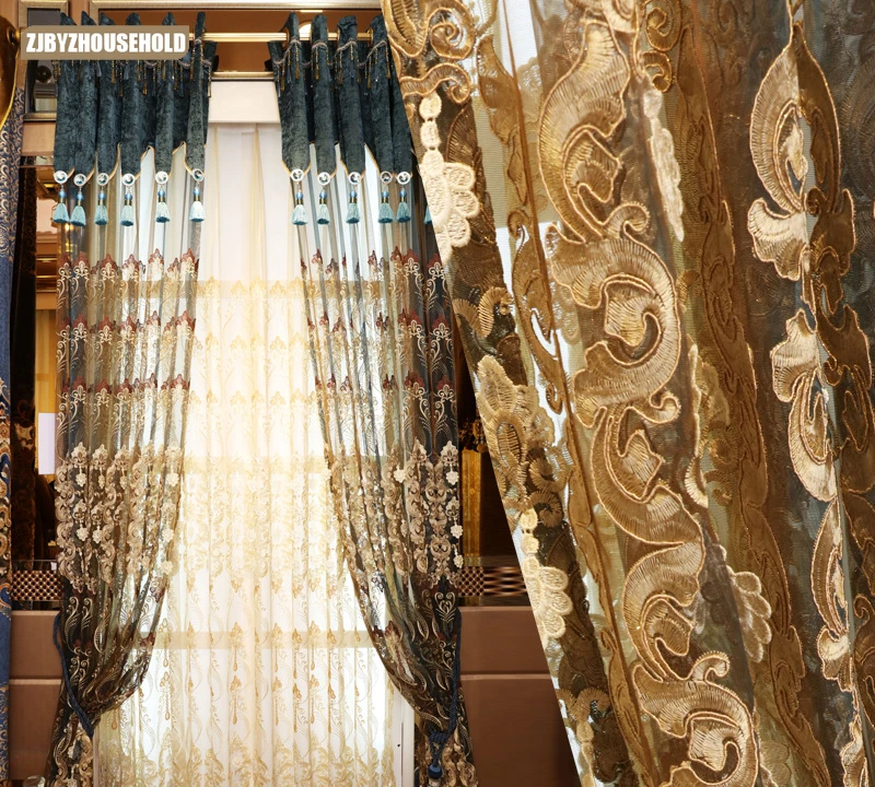 

Высококачественные вышитые занавески s для гостиной роскошные готовые на заказ оконные занавески в скандинавском стиле синего и кофейного ...