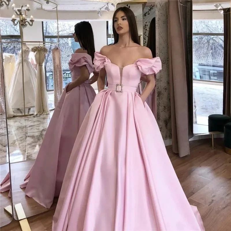 

Pink Off-Shoulder Long Evening Dress Vestidos De Festa Fashion Floor-Length Formal Prom Pageant With Pockets