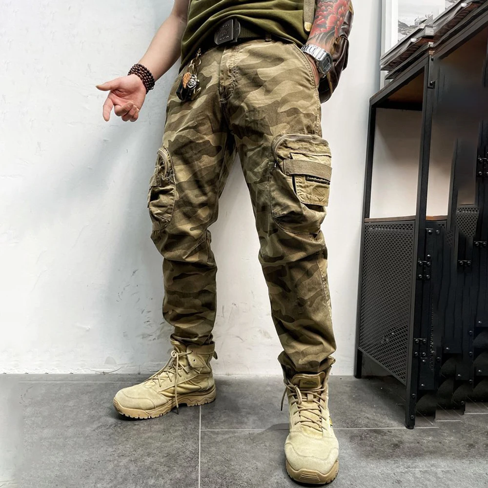 

American-style Functional Punk Rock Youth Men's Thin Tight-legged Tough Guy Camouflage Large Pockets Washed Cotton Overalls