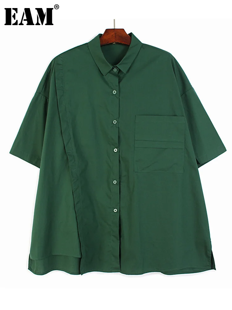

[EAM] Women Back Topstitched Big Size Blouse New Lapel Half Sleeve Loose Fit Shirt Fashion Tide Spring Summer 2022 1DE7662