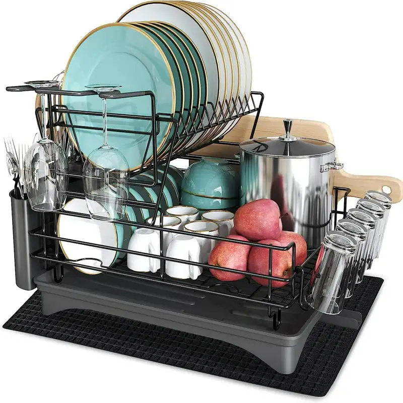 

Dish Drying Rack,2-Tier Dish Racks for Kitchen Counter,Large Dish Drainers with Wine Glass Holder, Utensil Holder and Drying Mat