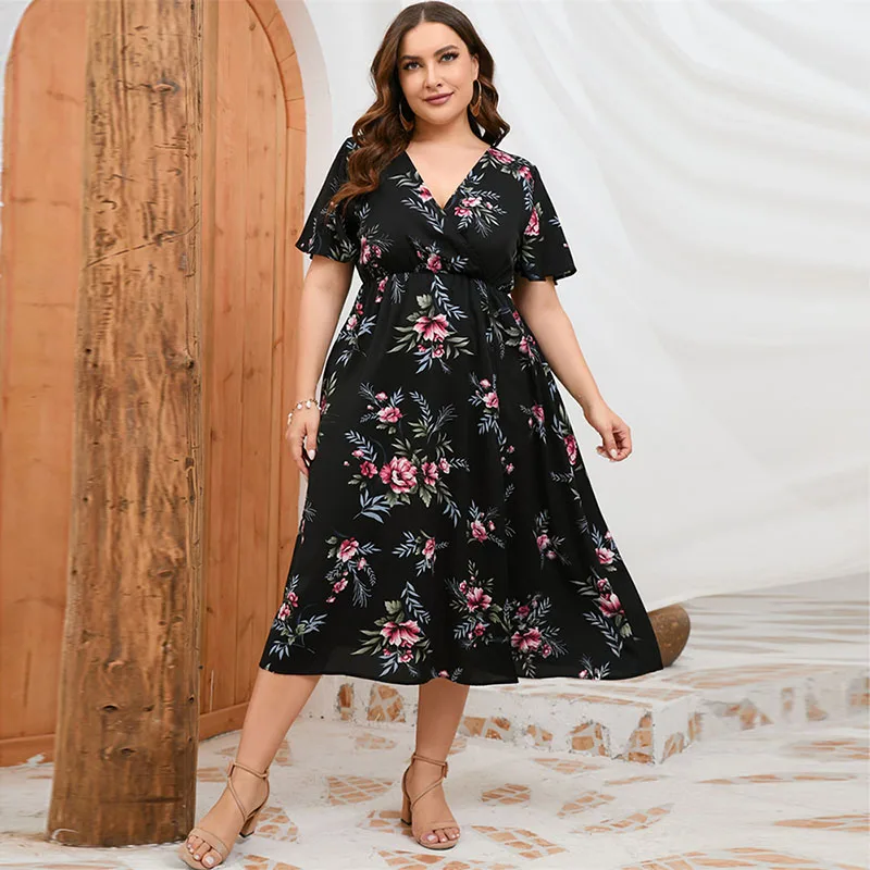 Plus Size Dresses Womens Summer 2023 New Fashion Elastic Waist Midi Floral Party Dresses Elegant Short Sleeve V Neck Dresses 5XL