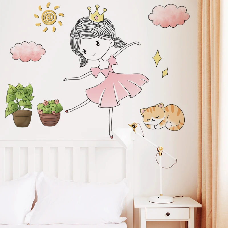 shijuekongjian ballet girl dancer wall stickers diy cartoon balloons wall decals for kids rooms baby bedroom house decoration free global shipping
