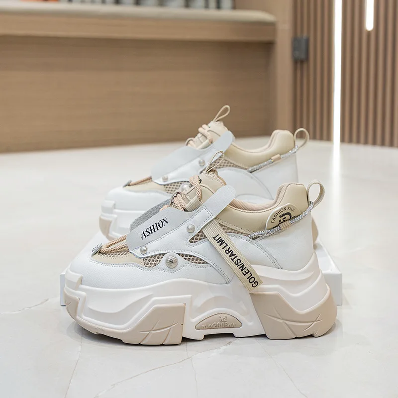 6CM Air Mesh Genuine Leather Breathable Summer Women Summer Vulcanize Platform Wedge Chunky Sneaker Hollow Lace Up Shoes