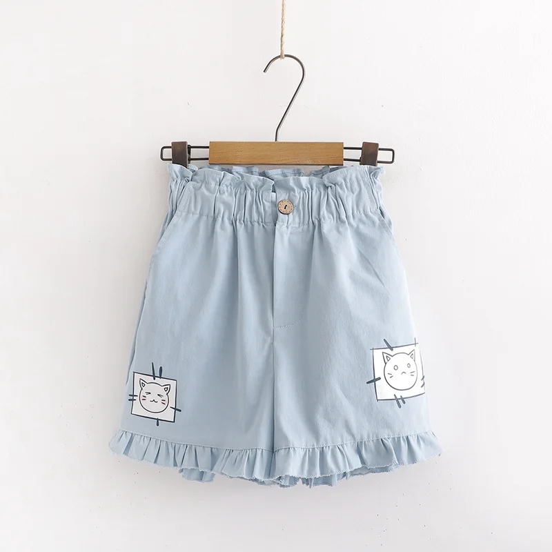 Summer Women Clothing College Style Vintage Ruffle Shorts Japanese Kawaii Blue Shorts for Teen Soft Girls Cute Cat Cartoon Print