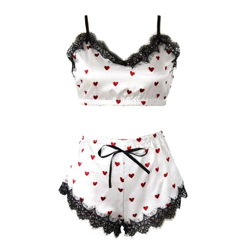 

Sexy Lingerie Bra Set Women's Heart Print Lace Satin Lingerie Pajamas