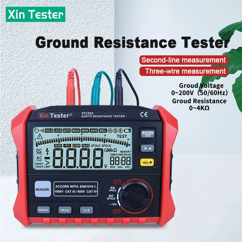 

Xin Tester Digital Ground Earth Resistance Tester Ohm Voltage 100 Groups Data Hold Backlight Meter 0 ohm-4K ohm XT2302