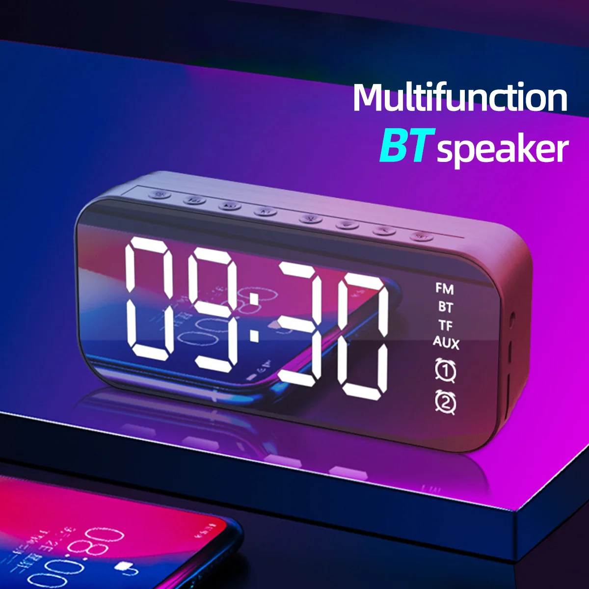 

Портативный беспроводной Bluetooth-динамик, FM-радио, звуковая коробка, Настольный будильник, сабвуфер, музыкальный плеер, TF-карта, бас-динамик, б...