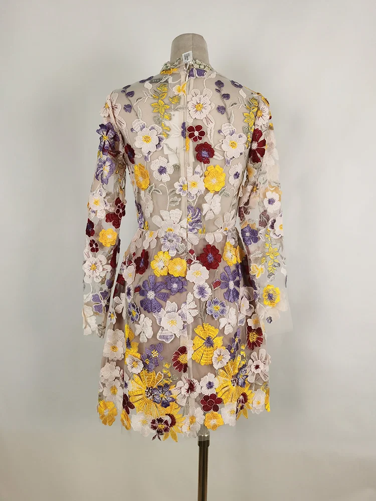 DEAT Элегантное платье с вышивкой и 3D цветком марлевое лоскутное длинными рукавами