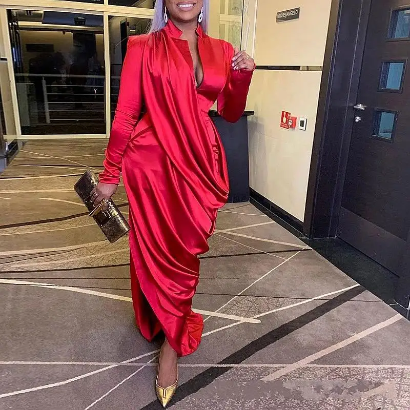 

Красное вечернее платье-Русалка с длинным рукавом, вечерние платья с глубоким V-образным вырезом и Боковым Разрезом, женские шелковые атлас...