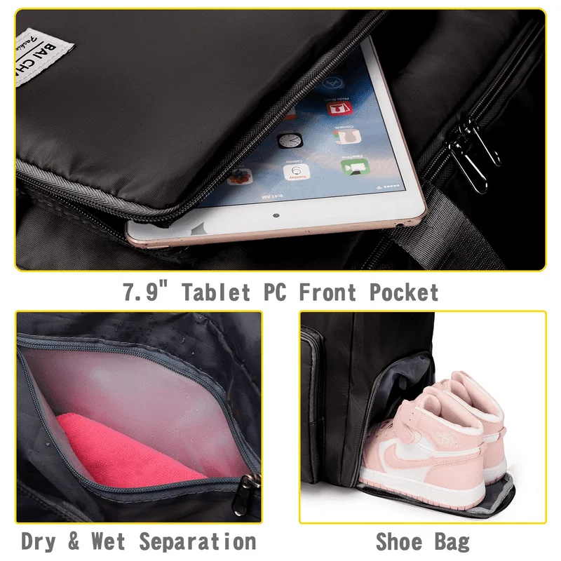 Beautiful Elegant Black Gym Sports Bag with Shoe Compartment and Wet Pocket, Ideal for Swimming and Vacations.
