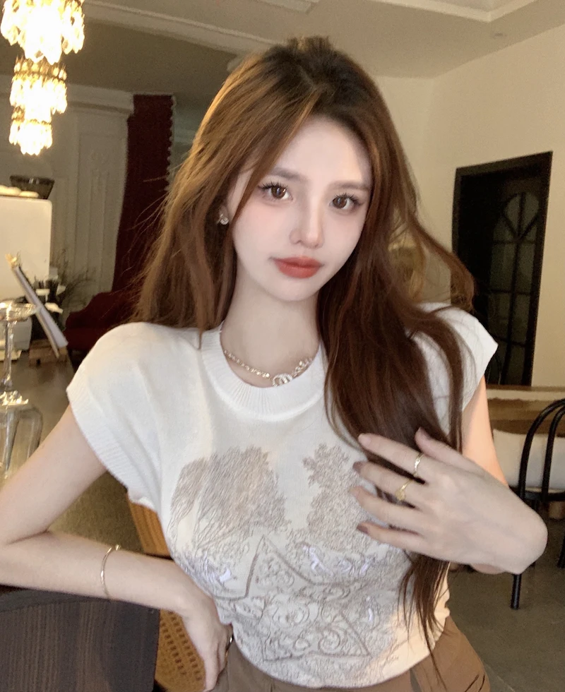 Реальная фотография искусственная Мода Вышивка без рукавов трикотажная женская