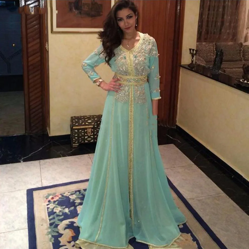 

2022 Moroccan caftan Evening Dresses Gold Lace Appliques Mint Green Arabic Muslim Special Occasion Dress Evening Party Gowns